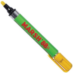The Yellow Marsh® 88fx Metal Paint Marker features a green body with red text, complemented by a bright yellow chisel tip and cap.