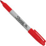 A red Sharpie® Fine Point Marker from the 12/Case set is shown with its cap on the right, featuring a gray body adorned with the Sharpie logo and black text.