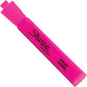A pink Sharpie Accent® Highlighter with a chisel tip and Smear Guard feature lies horizontally, its cap attached to the end. The brand name Sharpie is boldly printed on the body. Available in cases of 12 for convenience.
