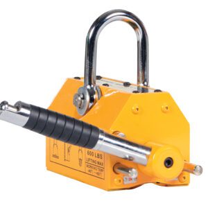 The Vestil Magnetic Lifter in yellow, featuring a black handle and metallic U-shaped hook, offers a 600 lb lifting capacity for efficient handling of heavy metal objects.