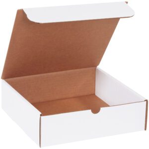 The MH-USA 10 x 10 x 3 White Literature Mailer with a brown interior and hinged lid is open, empty, and displayed on a plain background, highlighting its simple design. Its part of the 50/Bundle set.