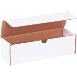 The MH-USA 10 x 3 x 3 White Literature Mailer, a white rectangular cardboard box with an open lid, has a brown interior and a front notch for easy access. It is empty and displayed against a plain background, showcasing its simple yet functional design.