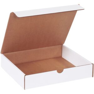 The MH-USA 10 x 9 x 2 White Literature Mailers (50/Bundle) feature an open lid with a minimalist brown interior, offering a simple and functional design perfect for packaging or storage.