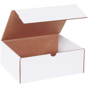 The MH-USA 10 x 9 x 4 White Literature Mailer (50/Bundle) sits elegantly, slightly open to reveal a brown interior, showcasing simplicity and functionality against a pristine background.