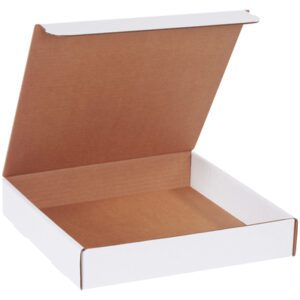 The open, empty box looks like the MH-USA 11 x 11 x 2 White Literature Mailers with a brown interior. The lid is partially open, revealing a simple, flat design typical of pizza packaging against an unobtrusive background.