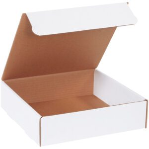 Angled to the right, the open white box with a brown interior has its lid partially open, revealing an empty inside. MH-USA 11 x 11 x 3 White Literature Mailers (50/Bundle) offer reliability and quality for packaging or storage needs.
