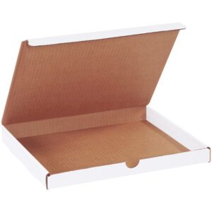 An open, empty cardboard pizza box seen from a slight angle resembles the MH-USA 11 1/8 x 8 3/4 x 1 White Literature Mailers, featuring a white exterior and brown interior with a partially open lid showing the flat base and minimalist design.