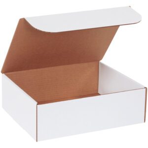 Tilt an MH-USA 12 x 10 x 4 White Literature Mailer with a brown interior to reveal its inside, partially opening the lid to highlight its simple rectangular shape. Ideal for packaging or storage, this product comes in bundles of 50.