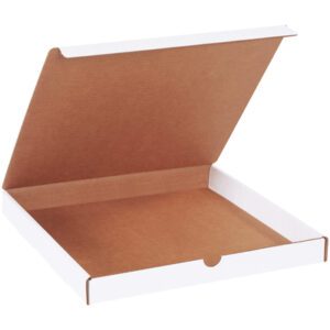 An open, empty pizza box with a brown inside and white outside resembles MH-USA 12 x 12 x 1.25 White Literature Mailers (50/Bundle). Viewed from the front, the lid is partially open, revealing its roomy interior.