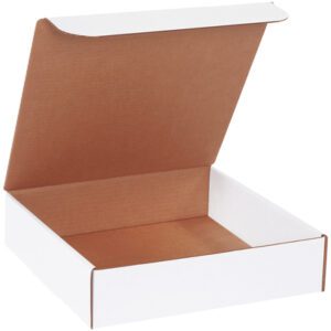 An angled view shows an open MH-USA 12 x 12 x 3 White Literature Mailer with a brown interior, partially revealing its empty inside. This sturdy box is sold in bundles of 50.
