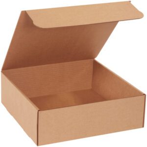 The 12 x 12 x 4 Kraft Literature Mailers (50 Pack) feature an open cardboard box with a lifted lid against a white background, ideal for organizing and shipping efficiently.