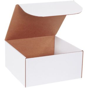 A front view of the MH-USA 12 x 12 x 6 White Literature Mailer (50/Bundle) shows an open white cardboard box with a brown interior and partially open lid, ideal for packaging or storage.