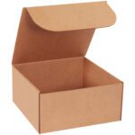 A Kraft Literature Mailer, 12 x 12 x 6, with a hinged lid open, sits on a plain white background, its empty brown cardboard interior ready for contents.