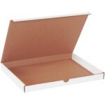 An open, empty pizza box with a white exterior and brown interior, shown from a front angle, partially open like the MH-USA 12 1/8 x 9 1/4 x 1 White Literature Mailers (50/Bundle), known for their sturdy and sleek design.