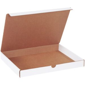 The open, empty pizza box with a white exterior and brown interior resembles the MH-USA 12 1/8 x 9 1/4 x 1 1/4 White Literature Mailers (50/Bundle), with its partially lifted lid revealing ample space inside.