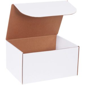 The MH-USA literature mailer, measuring 12 1/8 x 9 1/4 x 6 1/2, features a hinged lid and a brown interior. It is showcased empty, highlighting its durable white exterior and interior details. Available in bundles of 50.