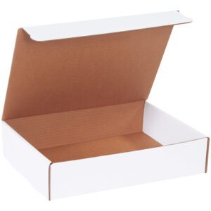 The MH-USA 13 x 10 x 3 White Literature Mailer, shown with an open lid revealing its spacious brown interior, is partially unfolded against a plain white background and available in bundles of 50.