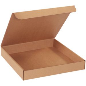 An open, empty 13 x 13 x 2 Kraft Literature Mailer (50/Bundle) sits with a partially raised lid on a white background. The unadorned square box blends into the scene, highlighting its versatility and functionality in various settings.
