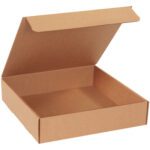 An empty 13 x 13 x 3 Kraft Literature Mailer from a bundle of 50 is displayed at a slight angle with its hinged lid open, elegantly set against a white background.