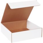A partially ajar MH-USA 13 x 13 x 4 white literature mailer is shown at a slight angle, revealing its empty brown interior ready to be filled.