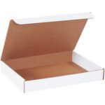 An MH-USA 14 x 10 x 2 White Literature Mailer from a bundle of 50 is open on a plain white background. The sleek cardboard box, featuring a crisp white exterior and brown interior, reveals its empty inside with the lid partially opened.