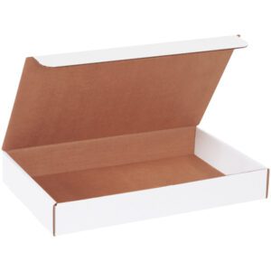 The MH-USA 14 1/8 x 8 3/4 x 2 white literature mailer, with a brown interior and open lid revealing its spacious inside, is rectangular and ideal for packaging or storage. This bundle includes 50 mailers for your convenience and organization.