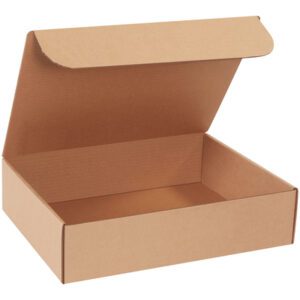 An open, empty Kraft Literature Mailer from the 50/Bundle set is seen at an angle. The plain brown, corrugated 16 x 12 x 4 box has a slightly open lid revealing its matching interior.