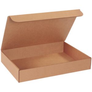 An open, plain 18 x 12 x 3 Kraft Literature Mailer with an attached lid on a white background. The empty box looks sturdy and is ideal for packing or shipping, available in bundles of 25.