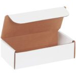 The MH-USA 7 x 3 5/8 x 2 1/8 white literature mailer, featuring a brown interior, is showcased with its lid partially open to reveal an empty design ideal for packaging or shipping small items. Available in bundles of 50.