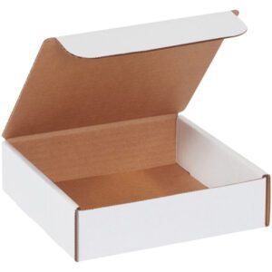 An open MH-USA 7 x 7 x 2 white literature mailer, showcasing its brown interior, is displayed against a plain background. The product comes in a convenient set of 50 per bundle.