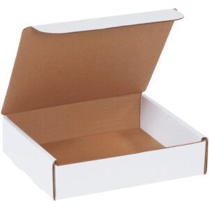 An MH-USA 8 x 7 x 2 White Literature Mailer is open, showcasing its brown interior and slightly raised lid on a plain white background. Efficiently designed, this mailer comes in a set of 50, ensuring ample supply.