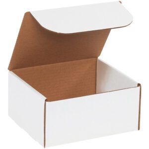 An MH-USA 8 x 7 x 4 White Literature Mailer with flap lid open, revealing spacious storage, is displayed from a three-quarters angle against a white background. It features a brown interior and is sold in bundles of 50.