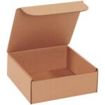 An open, empty 8 x 8 x 3 Kraft Literature Mailer, with a lid attached at the back, is angled on a plain white background, highlighting its simple, utilitarian design.
