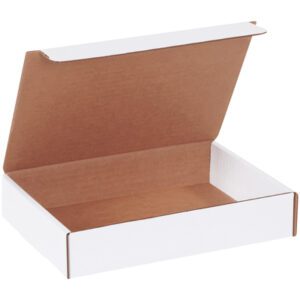 The MH-USA 9 x 6 1/2 x 1 3/4 White Literature Mailers feature an open white cardboard box with a brown interior, viewed from the front. Its lid is partially open, revealing its empty space, making it ideal for packing and shipping with simplicity and reliability.