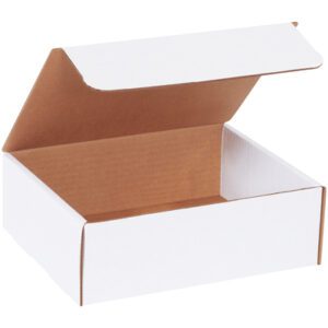 A partially open MH-USA 9 x 7 1/2 x 3 white literature mailer, showing its spacious brown interior and clean edges, is ideal for organizing documents in a rectangular bundle of 50.