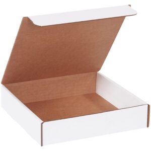 The MH-USA 9 x 9 x 2 white literature mailer shows off its brown interior from a slight angle. Its square shape and partially open lid suggest it is empty, ready to be filled with items from the bundle of fifty mailers.