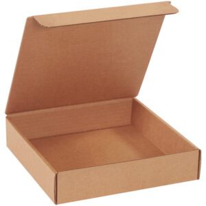 The 9 x 9 x 2 Kraft Literature Mailers, sold in bundles of 50, feature an open cardboard box design with a hinged lid, displaying its plain brown exterior from a slight angle.