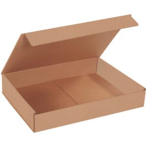 An open, empty 12 x 9 x 2 Kraft Corrugated Mailer with a partially lifted lid reveals its matte interior. Part of a bundle of 50, it sits elegantly on a plain white background.