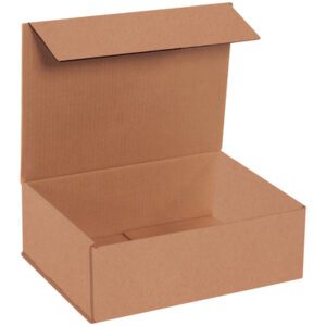 An open brown cardboard box reveals an empty interior in a 12 x 9 x 4 Kraft Corrugated Mailer from the 50/Bundle set, featuring straight edges and a clean look, ideal for packaging or storage.
