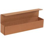 An open 17 1/2 x 3 1/2 x 3 1/2 Kraft Corrugated Mailer reveals its spacious interior, ideal for versatile packaging. This durable box is shown against a white backdrop, available in bundles of 50.
