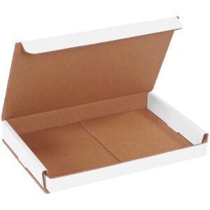 The MH-USA 9 x 6 x 1 White Corrugated Mailer from a 50/bundle set lies open on a surface, showcasing its plain brown interior and clean edges—ideal for shipping or storage. The partially open lid highlights its compact yet spacious design.