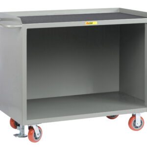 The Little Giant Mobile Bench Cabinets are gray utility carts with open storage, a convenient handle, four red caster wheels for easy mobility, and a flat top surface ideal for storing or transporting items.