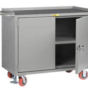 The Little Giant Mobile Bench Cabinets with Locking Doors have a gray metal design, flat top, interior shelf, and two locking doors. Four red caster wheels and a side handle provide mobility and secure storage.