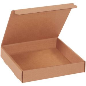 An open, empty cardboard pizza box with a raised lid rests on a neutral background, embodying the plain brown design and sturdy corrugated texture of 7 3/8 x 7 3/8 x 1 3/8 Kraft Literature Mailers (50/Bundle), ensuring secure content protection.