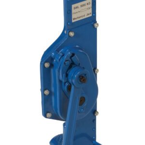 This sturdy blue Vestil Mechanical Machinery Jack with a handle and black base is labeled SWL 5000 KG and Mechanical Jack, standing upright for heavy lifting with its metal construction.
