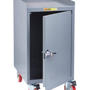 The Little Giant Compact Mobile Bench Cabinet has a gray metal design with four red caster wheels. A partly open door, featuring a handle and key, shows its empty interior, while the flat top surface adds practical utility to any workspace.
