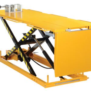 The Vestil Manual Hydraulic Motorcycle Lift 1100 Lb includes a yellow scissor mechanism and a convenient control box. Bold black and yellow safety stripes on the sturdy supports ensure reliable lifting for up to 1100 pounds.