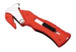 The Vestil Multi-Function Package Opener includes a red emergency seat belt cutter, window breaker tool, sleek silver metallic blade, and sturdy black grip for easy use.