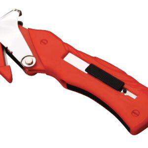 The Vestil Multi-Function Package Opener includes a red emergency seat belt cutter, window breaker tool, sleek silver metallic blade, and sturdy black grip for easy use.