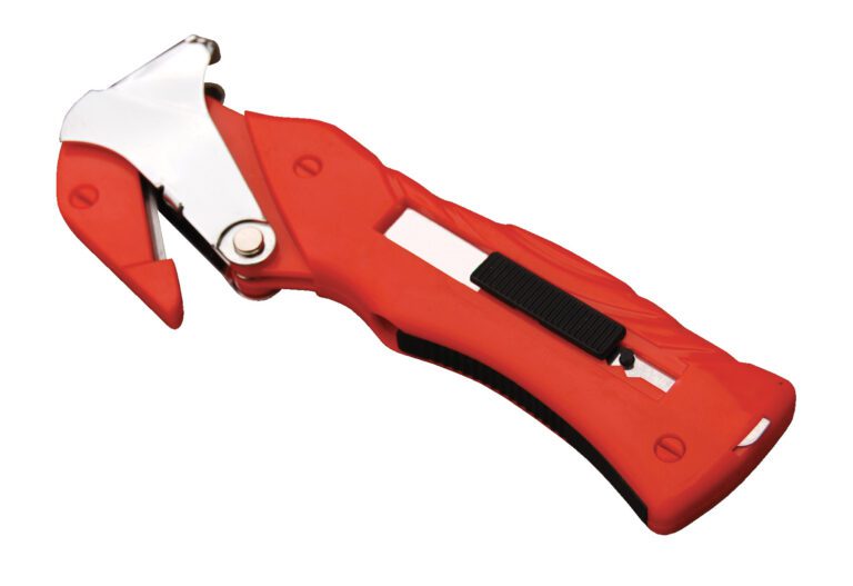 The Vestil Multi-Function Package Opener includes a red emergency seat belt cutter, window breaker tool, sleek silver metallic blade, and sturdy black grip for easy use.